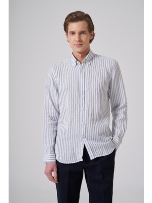 Morven  Erkek Lacivert Keten Trend Çizgili Dynamic Fit Düğmeli Yaka Gömlek