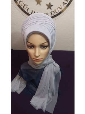 Simsiz Açık Gri Nuray Model Duvak,hazır Duvak,düğün,hazır Şal,hazır Türban,abiye Şal,sünnet,nişan,söz