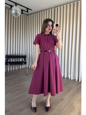 Sue Store Vişne Çürüğü Yakadan Fermuarlı Pensli Midi Elbise