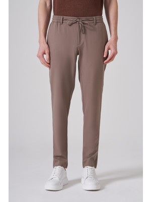 Morven  Erkek Kahve Trend Düz Slim Fit Lastikli Ipli Pantolon