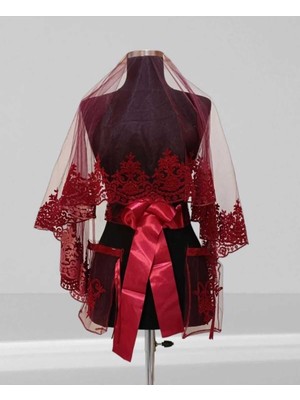 Evsay Gelin Kına Duvağı  Folk Baskılı Zarif Tasarım Gelin Kına Yüz Örtüsü Düğün Nikah Nişan Kına Bordo