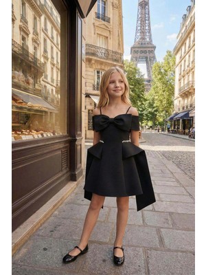 Pamina Kız Çocuk Fiyonklu Omuz Detaylı Doğum Günü - Parti - Mezuniyet Elbisesi Siyah (8-15) Yaş  36104PR