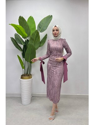 Tesettür Diyarı Bilekleri Kurdela Detaylı Tesettür Abiye - Pembe