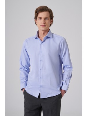 Morven  Erkek Mavi Polyester Trend Slim Fit Tam Italyan Yaka Gömlek