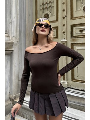 la & vetta Kahverengi Omuzları Açık Uzun Kollu Bluz