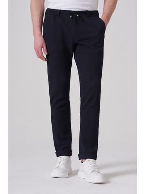 Morven  Erkek Lacivert Trend Ekose Lastikli Ipli Slim Fit Pantolon