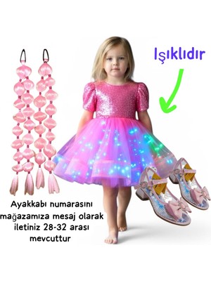 3b Kids Payetliiiii Pembe Işıklı Elbise Kostüm + Pembe Bubble Saç + Pembe Topuklu Ayakkabı Seti Parti Bayram