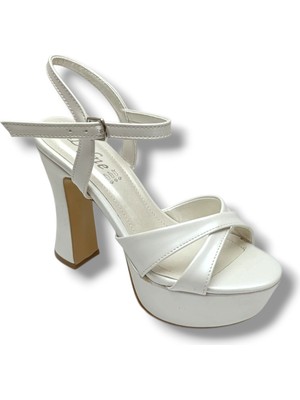 Defne 787-26 Sedef Beyazı Çapraz Aynalı 30MM Platform Topuk Kadın SANDALET(12CM)