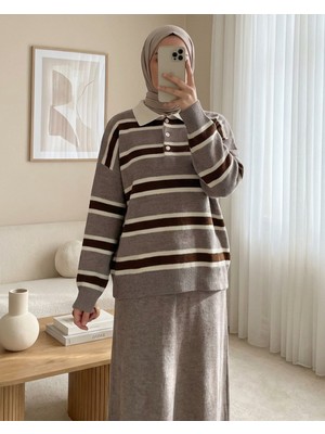 Modamorfo Polo Yaka Düğmeli Renkli Çizgili Triko Kazak  -Toprak