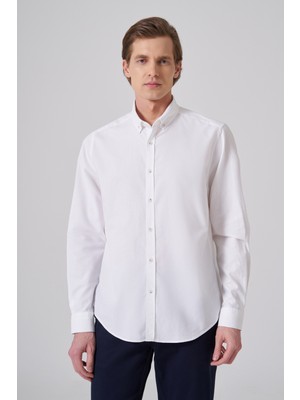 Morven  Erkek Beyaz Pamuk Trend Düz Dynamic Fit Düğmeli Yaka Gömlek