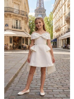 Pamina Kız Çocuk Fiyonklu Omuz Detaylı Doğum Günü - Parti - Mezuniyet Elbisesi Ekru (8-15 Yaş) 36104PR