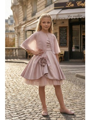 Pamina Kız Çocuk Şeffaf Pelerinli Saten Doğum Günü - Parti - Mezuniyet Elbisesi Pembe  (8-15 Yaş) 36051PR