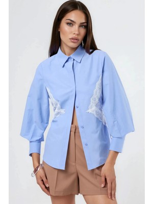 Hiccup Kadın Qu Style Dantel Detaylı Fitted Poplin Gömlek Bebek Mavisi