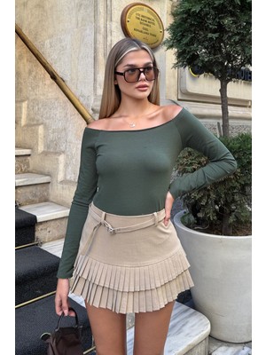 la & vetta Haki Omuzları Açık Uzun Kollu Bluz