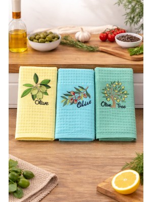 Mulberry 3’lü Nakışlı Waffle Mutfak Havlusu 40X60 cm – Süper Emici & Yumuşak