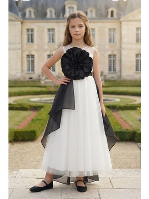 Pamina Kız Çocuk Kat Kat Organza Elbise, Büyük Çiçek Desenli Doğum Günü - Parti - Mezuniyet Elbisesi Siyah (8-15 Yaş) 36019PR
