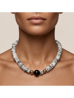 THEIA GemWorks Joie - Hematit, Oniks ve Magnesit Turkuaz Taşlı El Yapımı Kolye