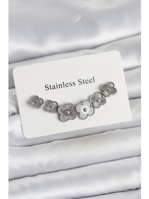 316L Çelik Gümüş Renk Yonca Küpe Seti - Lisinya