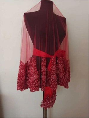 Evsay Ağır Boncuk Işlemeli Model Duvak Omuz Örtüsü, Kına Duvağı 4lü Set Gelin Duvağı Ultra Lüx Duvak Kirmzi