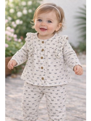 Bilge Trend Kız Bebek , Çocuk Müslin , Fırfırlı Önden Düğmeli 2 Parça Pamuklu Pijama Takımı