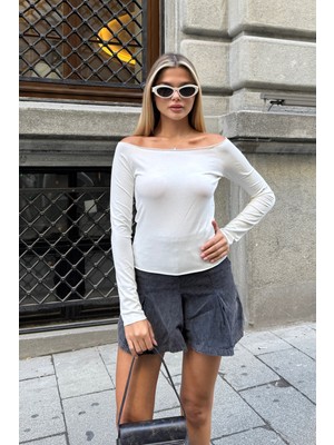 la & vetta Beyaz Omuzları Açık Uzun Kollu Bluz