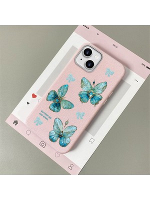 HONTINGA iPhone 15 ile Uyumlu Kılıfı Deri Dokusu Anti Düşme Yumuşak Silikon Telefon Kılıfı Kelebek Desen K7-3075