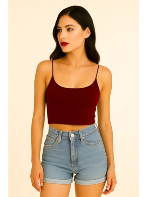 Vesantia Kadın Bordo Viskon Likralı Iç Göstermeyen Ip Askılı Crop Atlet