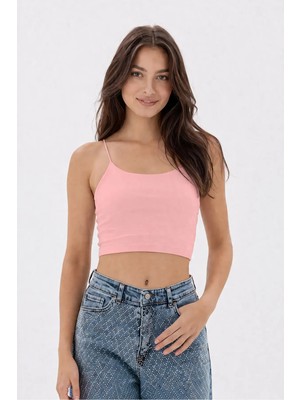 Vesantia Kadın Pudra Pembesi Viskon Likralı Iç Göstermeyen Ip Askılı Crop Atlet