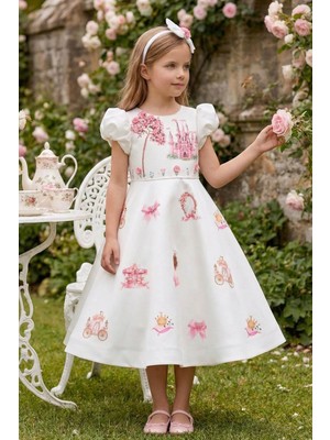 Pamina Kız Çocuk  Prenses Şatosu Desenli Işlemeli ve Saç Bantlı Doğum Günü -Parti  Elbisesi Ekru  (3-7 Yaş) 36430PR