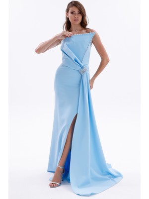 Bdm Exclusive Taş Işlemeli Broş Detaylı Uzun Krep Abiye Elbise