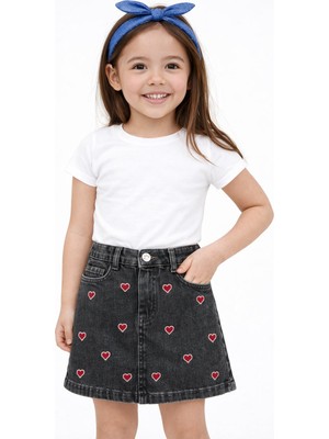 Overdo Kız Çocuk 5-8 Yaş Kalp Nakışlı Kot Etek