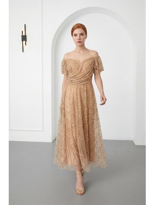 Lafaba Kadın Gold Dar Kalıp Kayık Yaka Boncuklu Midi Kloş Abiye Elbise