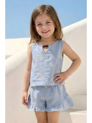 Queen Kids Kız Çocuk Nakışlı Bluz  ve Şort Takım Mavi