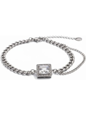 Cesicey Kadın Baget Taşlı Çelik Bileklik Mini Zincir Detaylı Altın Renk