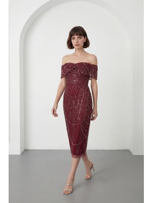 Lafaba Kadın Bordo Kayık Yaka Boncuklu Midi Abiye Elbise