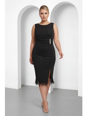 Lafaba Kadın Siyah Bisiklet Yaka Taşlı Büyük Beden Abiye Elbise