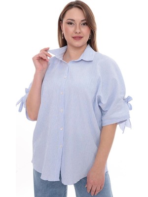 Lady Majestic Büyük Beden Kadın Pamuklu Gömlek Rahat Kesim, Düğmeli, Volan Kol Detaylı