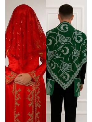 Evsay Kına Geceleri Için Pullu Gelin ve Tuğra Damat Kına Örtüsü ve Eldiveni ile Kına Örtüsü Özel Duvak Set