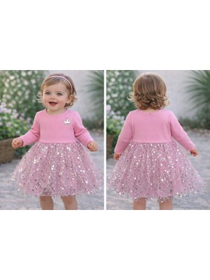 Bilge Trend Kız Bebek Çocuk Eteği Lame Yıldız Desenli Pembe Tütülü Prenses Elbise