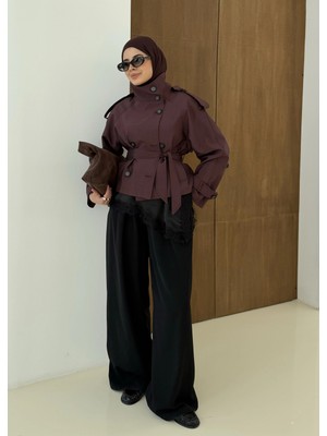 Moda Aksa 004 Dik Yaka Kısa Kuşaklı Trençkot Bordo