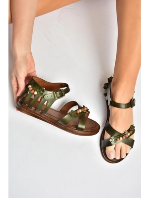 Fox Shoes Y390360203 Yeşil Hakiki Deri Kadın Sandalet