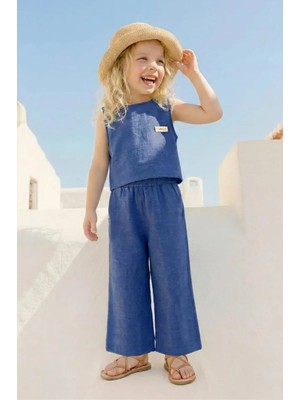 Queen Kids Kız Çocuk Keten  Bluz ve Pantolon Takım Mavi