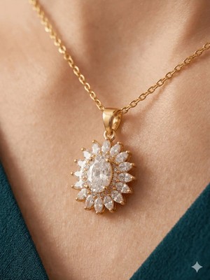 Stainless Steel 316L Çelik Altın Renk Taşlı Güneş Kolye - Kararmaz Paslanmaz