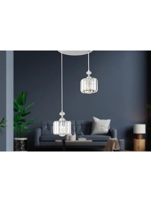 Vivense Apliqa Saka Ikili Yuvarlak Kristal Taşlı Sarkıt Avize, Krom