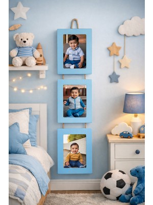 Studyo Plus 3'lü Ipli Ahşap Fotoğraf Çerçevesi – Çocuk & Bebek Odası Duvar Dekoru – 10X15 cm