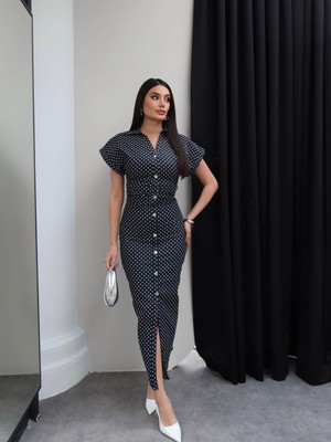 Esra Helvacı Puantiyeli Bel Büzgülü Denim Elbise