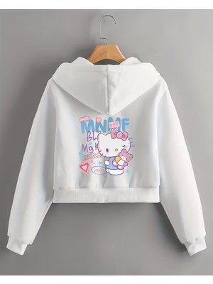 Haha Kız Çocuklar İçin Hello Kitty Baskılı Pamuk Polyester Ceket Uzun Kollu Beyaz Desenli
