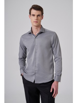 Morven  Erkek Gri Polyester Trend Slim Fit Tam Italyan Yaka Gömlek