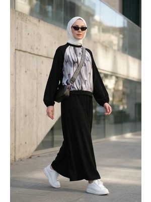 Sefa Merve Geometrik Desenli Tunik Etek Ikili Takım 0257-01 Siyah
