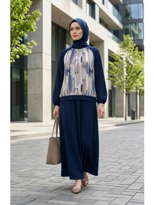 Sefa Merve Geometrik Desenli Tunik Etek Ikili Takım 0257-02 Lacivert
